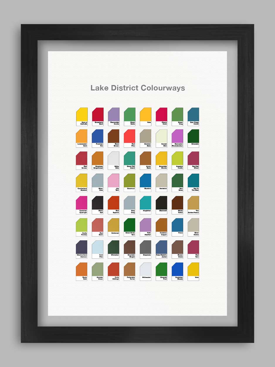 Lake District Colourways Swatch, 64 colour related references to the Lake District